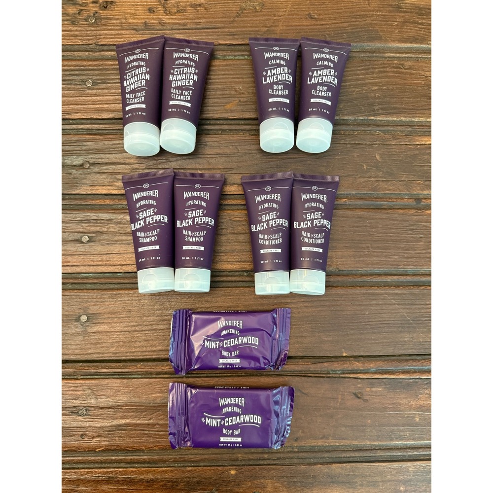 Wanderer Travel Size Grooming Set 10pc Lot Shampoo Conditioner Body Face Bar